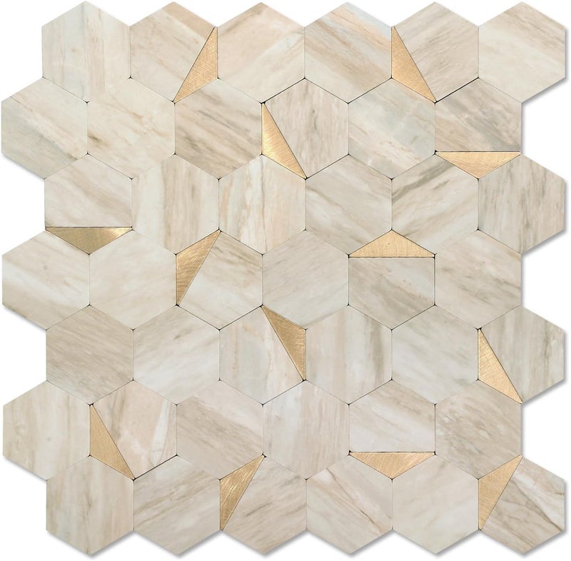 OYASIMI Hexagon Peel and Stick Backsplash for Kitchen Wall, 10 Sheets Heat Resistant Stick on Backsplash PVC Smart Tiles, 12'' Beige Marble Waterproof Peel and Stick Wall Tiles for Bathroom - Image 1